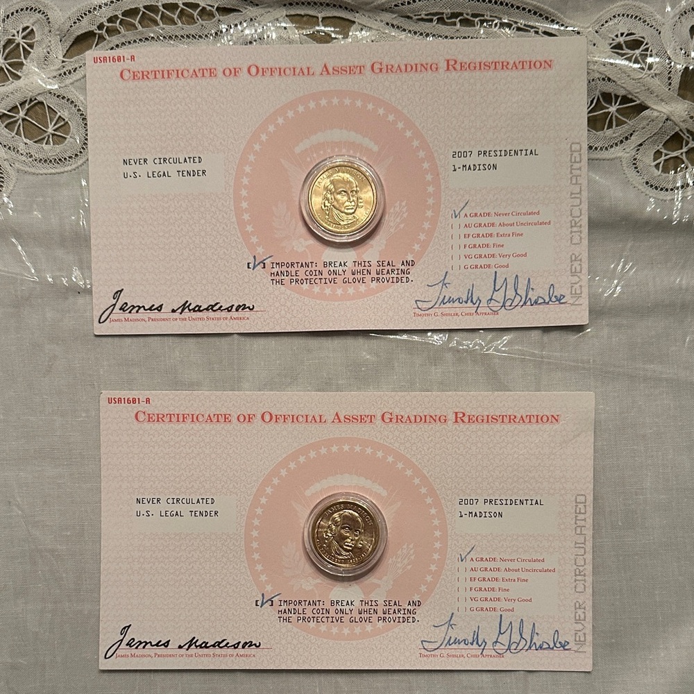 2 James Madison Never Circulated Presidential Coins with Certificates